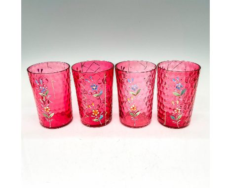 Ruby glasses, hand blown with beautifully hand painted enamel design of yellow and blue flowers and gold accents over the coi