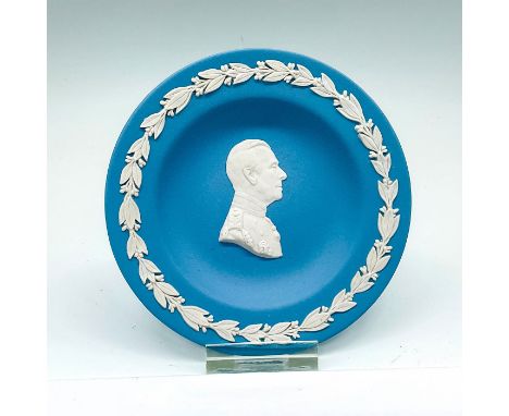 Small blue decorative plate with white garland reliefs border around the portrait of the former duke of Edinburgh. Wedgwood i