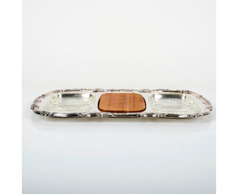 Divided serving tray decorated with a beautiful motif along the borders, includes two glass tray holders and a wooden board o