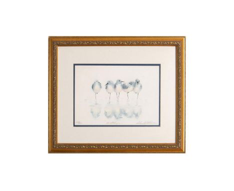 Limited edition lithograph on paper. Artist signed and numbered on bottom. Housed in gold frame with cream colored matte. Sig
