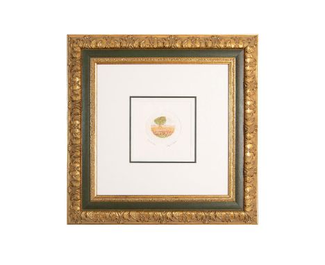 Etching with embossed edges of flowers and leaves. Artist signed in pencil lower right. Housed in gold frame with green trim 