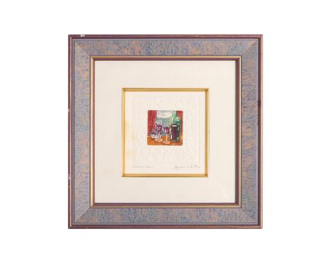 Etching with embossed edges of grapes and leaves.. Artist signed in pencil lower right. Housed in lavender frame with gold tr