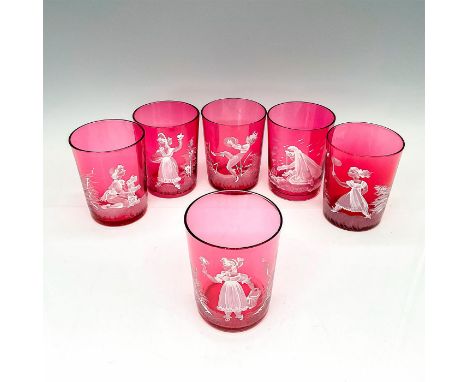 Hand blown ruby glass with enameled scenes; each glass with different scenes of children playing. Dimensions: 3.75"H x 3"dia.