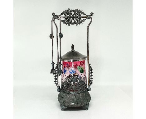 Quadruple plate silver antique pickle jar made with ruby bubble glass pained with flowers. Detailed ornate frame decorated wi