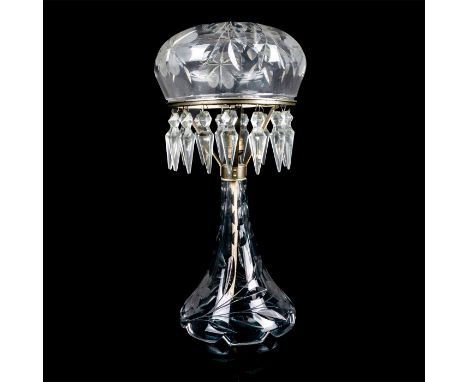 American Brilliant style cut glass dome lamp with pointed pendant crystals and cut floral patterns. Small electrical socket m