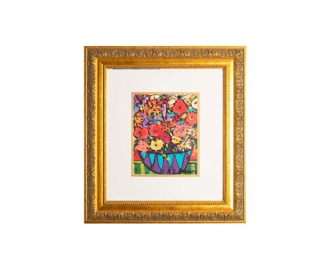 Limited edition signed lithograph. Artist signature in bottom right. Housed in ornate gold frame with cream colored matte. Si