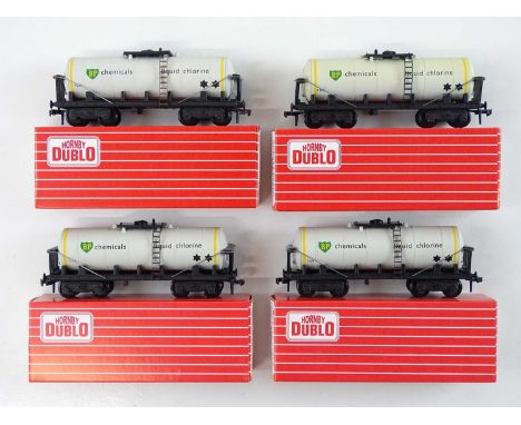 A group of "HORNBY DUBLO neverwazzas" by COOPERTRAINS comprising Liquid Chlorine bogie tank wagons in BP chemicals livery - V