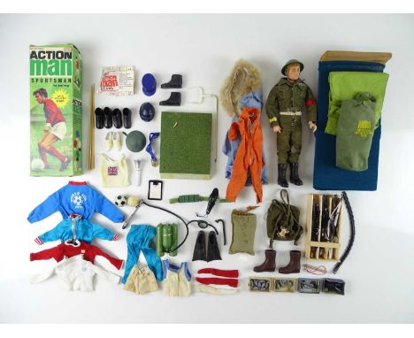 A group of Action Man by PALITOY including a Sportsman (currently dressed in military uniform) together with various clothes 