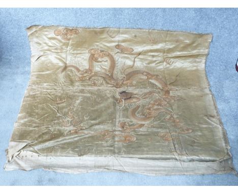 A Qing dynasty Chinese padded silk embroidered panel of a dragon with clouds. Woven four character artist's seal mark. 138x11