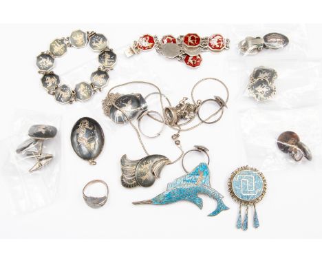 A quantity of Siamese Niello jewellery, including enamel, brooches, cufflinks, clip earrings, screw earrings, pendants, brace