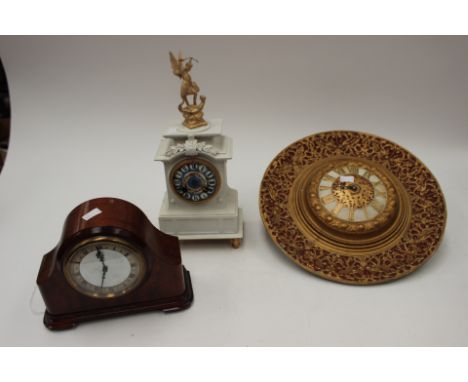 A French Empire style clock with chime and sevres style painted dial, together with a mantle clock and a cast external clock,