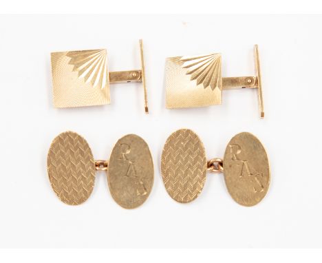 Two pairs of 9ct gold cufflinks, comprising an oval and chain pair, engraved R.A.S. along with,  a square machine engraved sw