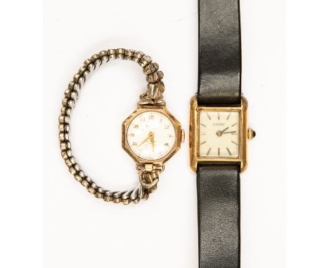 A lady's Zefyer 9ct octagonal gold cased cocktail watch together with a Tissot gold case and rectangular lady's watch, ruby c