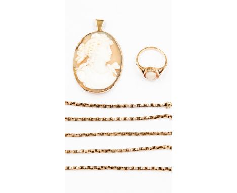 A 9ct gold chain along with a yellow metal cameo pendant and 9ct cameo ring