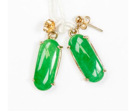 A pair of jade earrings, elongated jade approx 19mm in length with claw set yellow metal surround, approx 4.3g