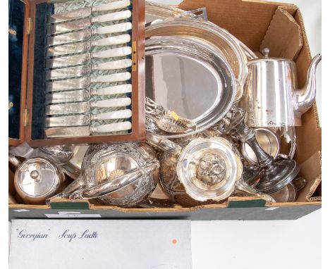 An Elkington EPNS oval tray, with assorted EPNS tea wares, cased and boxed EPNS flatware, also with four silver napkin rings,