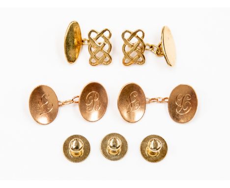 Two pairs of 9ct gold cufflinks, approx weight 12.3 grams, with three yellow metal shirt studs, all in leather stud box 