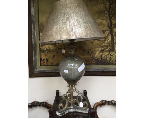 A 20th century modern design Islamic lamp base, with spherical ceramic support on C scroll and perspex base, with matching sh