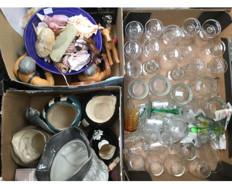 Two boxes of mixed ceramics to include Toby jugs ceramic dogs and a box of 20th century glass ware (3)