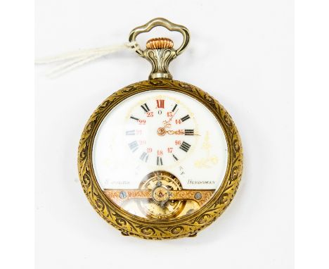 An early 20th Century Hebdomas brass eight day open faced topwind pocket watch, 4.5cm white enamel Roman dial with visible es