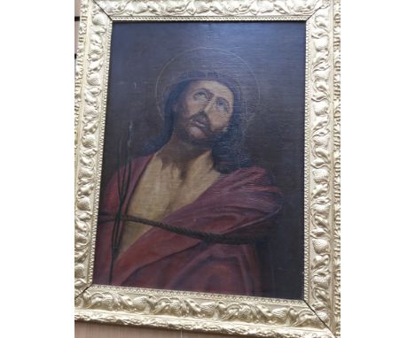 20th Century School, half-length portrait of Christ, indistinctly signed l.r., oil on panel in gilt frame, 60cm by 43cm
