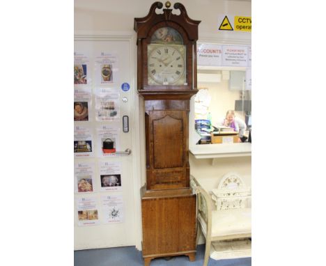 A George III oak and mahogany eight day longcase clock, the dial with a white enamelled face and black Roman numerals, inscri