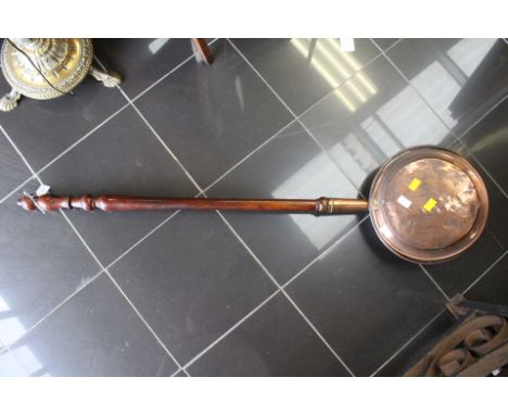 A copper warming pan and three pairs of 19th century brass, a skimmer, a trivet and a roasting fork (1 box and pan)
