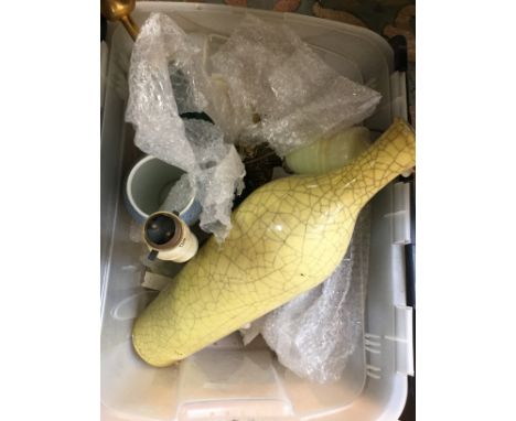 A box containing various lamp bases, and a Copenhagen vase decorated with seagulls.