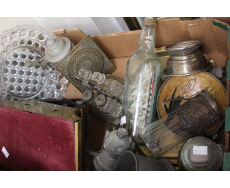 A Regency style bracket clock,  wall bracket, ship in bottle, torch, Indian brass cruet set etc (1 box)