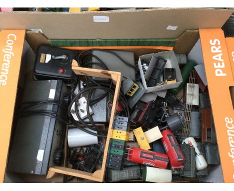 Two boxes of 00 scale model railway spares to include wagons, controllers, locos, and a bundle of track