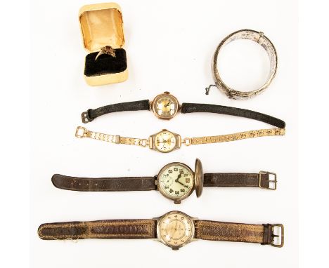 A 9ct rosegold cased wristwatch, an Ingersoll gentlemans wristwatch and two other watches, silver bracelet and 9ct gold ring 