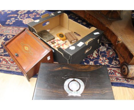 A hardwood jewellery box, inlaid with mother of pearl with a pipe storage box, etc