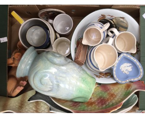 Four pottery fish plates, two Wedgwood blue and white Jasper ware sugar boxes and ash tray, Hilemsgate painted pig, three cof