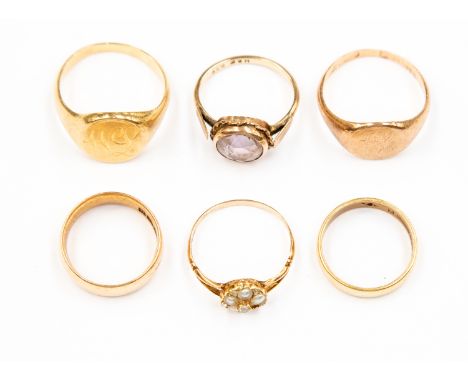 Two 18ct gold wedding bands, 7.7 grams approx; two unmarked gold gents rings, 11.5 grams approx; a 9ct gold, pearl and diamon
