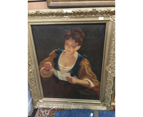 20th Century School, portrait of a lady reading, indistinctly signed l.r., oil on canvas, 90cm by 66cm