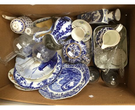 A Doulton teapot 'Walmer', a Coalport jug, a Spode coffee pot, two Victorian etched carafes with labels etc (1 box) 