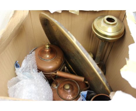 A collection of metalware, including tray, shell case, large copper pan, kettles, oil lamp, miners lamp etc