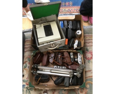 Two boxes of collectable cameras, Russian SLR's and compacts, a tripod and a Voightlander Perkeo Automat N projector 