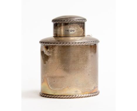 A silver flask and cover, Sheffield 1908, Atkin Brothers, possibly a tea caddy later inscribed 'July 14th 1931-1956, weighing