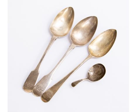 Three HM silver serving spoons, London 1806 and two London 1819, all initialed to the handle, repair to caddy spoon handle, a
