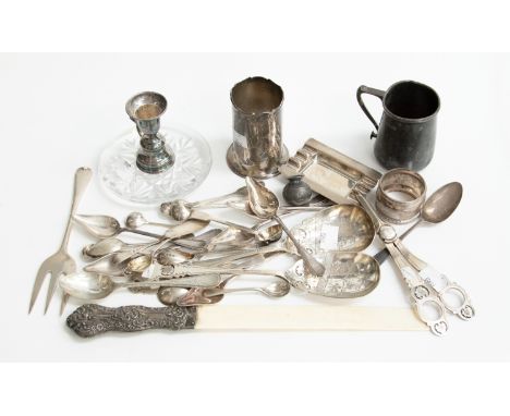 A collection of silver and plate including fruit set with grape scissors, chamber stick, teaspoons, glass holder, christening