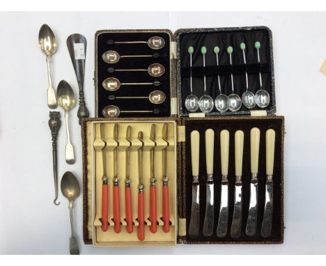 Four cased sets of cutlery to include HM silver set of six coffee bean spoons looses HM silver owl, shoes horn and button hoo