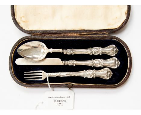 A cased Victorian silver christening set by Hilliard & Thomason, Birmingham 1862, comprising fork, knife and spoon, with engr