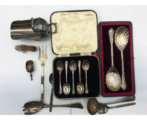 A collection of silver and silver plate, flatware to include cased Victorian serving spoons, silver teaspoons etc along with 