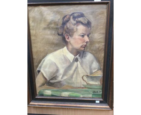 20th Century School, half-length portrait of a lady, indistinctly signed and dated 1951 l.r., oil on canvas, 65cm by 50cm