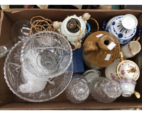 Cut glass bowl and stand, pair of cut glass decanters etc, with a Continental lamp base, etc (1 box)