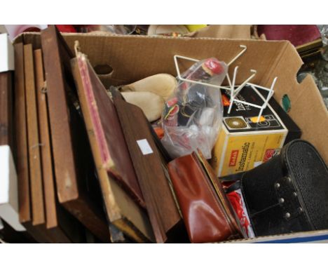 A parcel lot, a framed Victorian tile, metal chessman, Indian slippers, two pairs binoculars and instamatic cameras etc (1 bo
