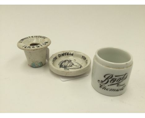 Pratware base for Clarkes, Pyramid Night, J. Whitehouse Ilkeston inkwell, and Boots cash Chemist pot (3)