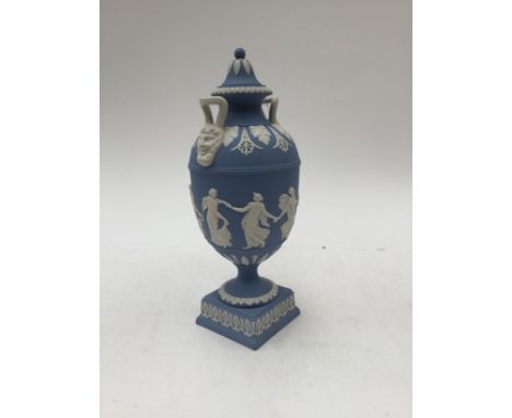 A Wedgwood light blue Jasper ware twin handled covered vase 