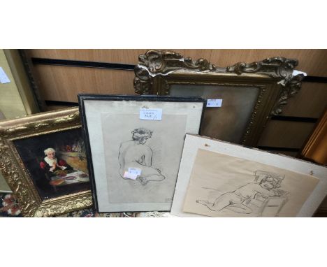 Pastel portrait of girl, oil on board and three mid 20th century charcoal nude sketches